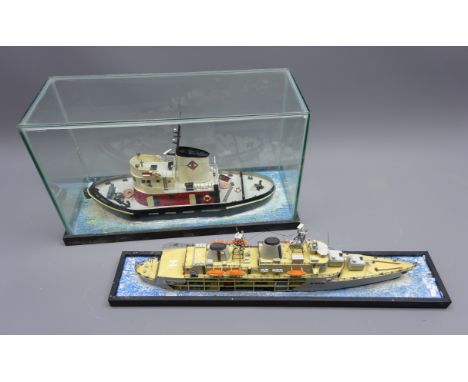 Kit built waterline scale model of the Tug Lady Cecilia, in perspex case, L47.5cm H27cm, D20cm, and a similar cut-away model 