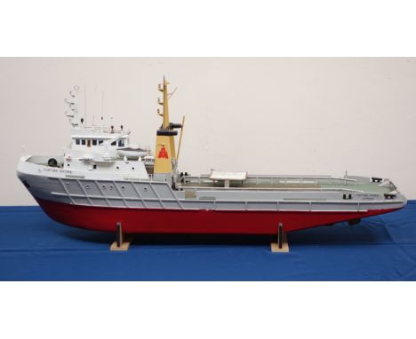 Scale model of the Offshore Supply Ship Forties Shore IMO No.734287, on wooden stand, L77cm, H33cm: Built 1975 by Brooke Mari