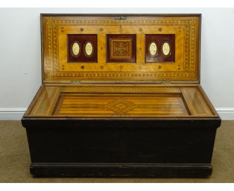 Outstanding Victorian Sea Captains oak box, hinged lid with four oval portrait photographs, the interior with Tunbridge ware 