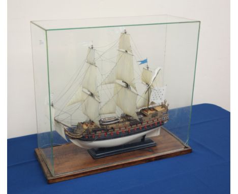 Kit made scale model of the twin masted sailing vessel HMS Phenix, in glazed case, W51cm, 45cm, max Condition Report Some dam