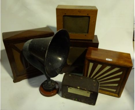S. G. Brown London white metal horn speaker on wooden base with terminals H52cm and five wooden cased speakers by Ormond, Cel