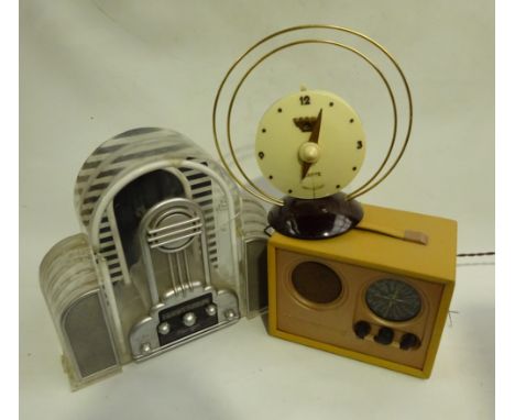 Three mains radios - French Celard Capte bakeltie cased clock radio, Double Decca M.L. and Cicena perspex cased juke box shap