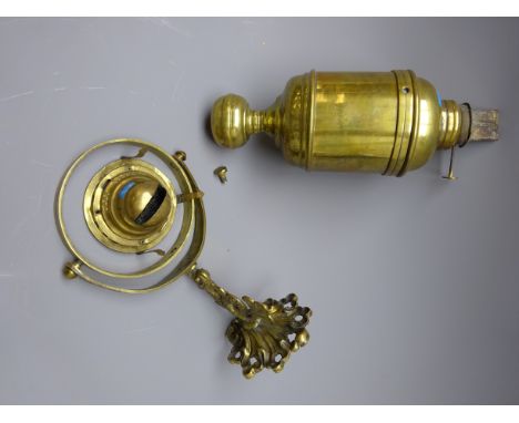Unusual brass Ships' oil lamp, top stamped Queen Ann, in gimbal mount on dolphin bracket, H27cm 