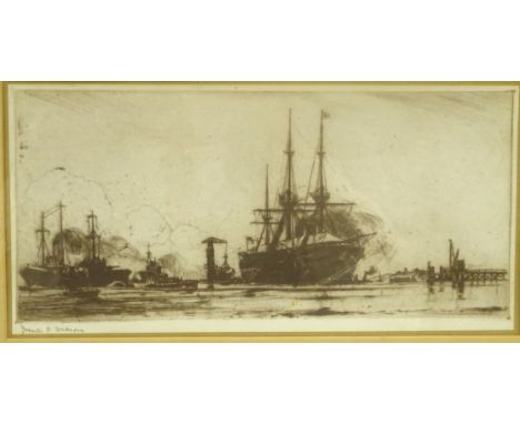 Sail and Steam boats in a busy Port, monochrome print after Frank Henry Mason, 12.5cm x 25cm  
