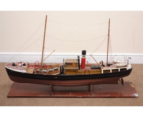 Large scale model of the Hull Trawler Davy H213, with planked hull on base. L114cm, H71cm