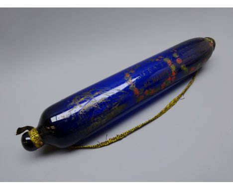 19th century Bristol blue glass rolling pin enameled with The Great Australia Clipper-Ship, 'Love and be Happy' and verse wit