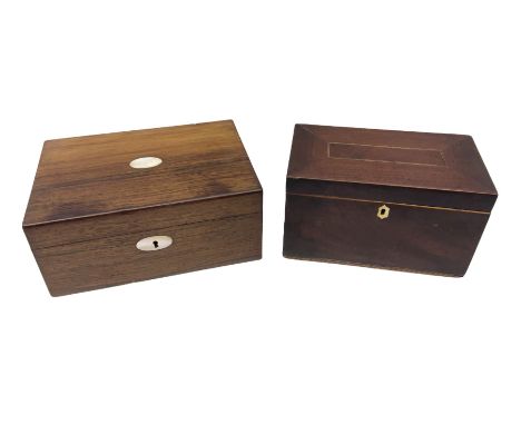 Mahogany tea caddy with inlay decoration and bone escutcheon, the hinged lid lifting to reveal lidded compartmented interior,