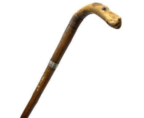 Walking stick with carved wooden handle modelled as the head of a hound with inset glass eyes, upon a silver collar hallmarke