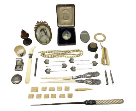 Assorted collectables, to include bog oak pin cushion modelled as a cauldron, painted portrait miniature upon ivory and a wom