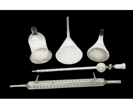 Collection of 19th century and later pharmaceutical laboratory glass, to include, large filter funnel, graham condenser, coni