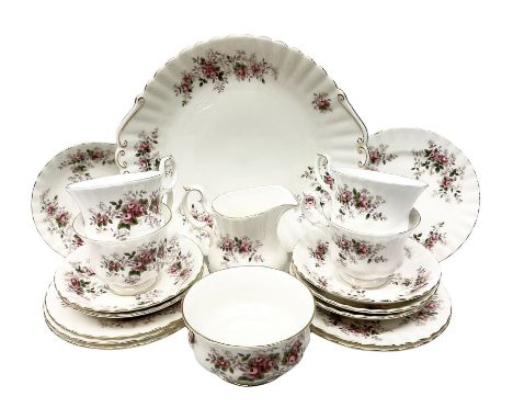 Royal Albert part tea service decorated in the 'Lavender Rose' pattern, comprising four teacups, six saucers, six side plates