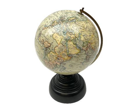 Early 20th Century 'Geographia' 8 inch Terrestrial globe, 167 Fleet Street London, mounted on a brass half meridian and raise