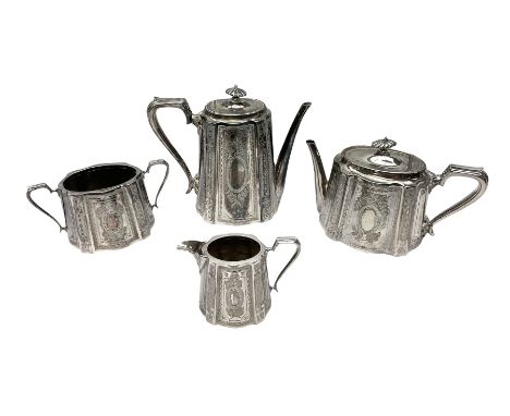 Victorian Walker &amp; Hall four piece silver plated tea service with engraved floral decoration, comprising tea pot, hot wat