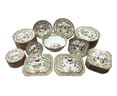 1930's Chinese porcelain dinner service, hand-painted in enamels with Cockerels and birds in a garden setting, comprising ele