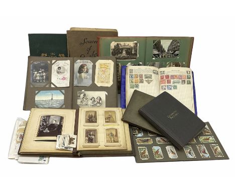 Victorian musical photograph album, containing a selection of portrait photographs, two postcard albums containing various to