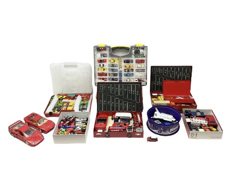 Quantity of play worn die-cast model cars, to include examples by Matchbox, Bburago, Corgi etc, housed in various cases, two 