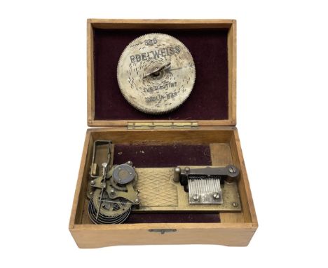 Victorian rectangular disc music box, the hinged lid with printed decoration of a young girl lifting to reveal a brass plate 