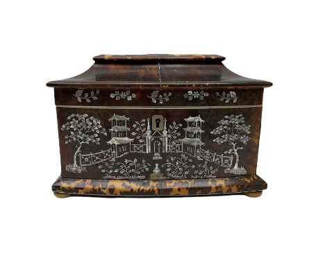 Regency tortoiseshell tea caddy of sarcophagus form, with inlaid mother of pearl decoration to the front panel depicting a Ch