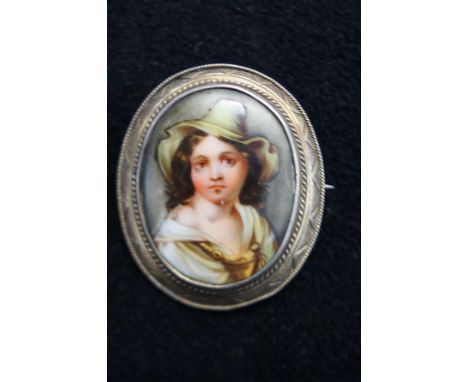 19th Century hand painted portrait pin brooch