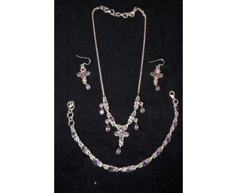 Silver &amp; amethyst necklace, earrings &amp; bracelet