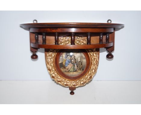 Mahogany wall shelf with prattware lid plaque Height 30cm