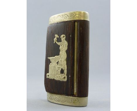 Wooden Snuff Box with White Metal Mounts depicting a Blacksmith