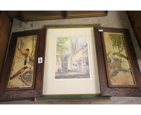 Pair of Oak Framed Pictures of Birds painted on leaves signed Pason together with a Print of Abbey Green, Bath