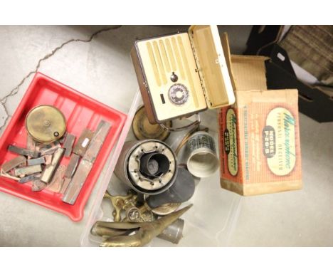 Group of Collectables including Copper Printing Blocks depicting Letters and Woodworking Tools, Brass Fishing Reel, Boxed Mar