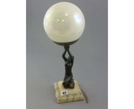 Art Deco Table Lamp in the form of a Cast Lady holding the Lustre Effect Globe Light Shade