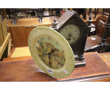Victorian Gothic Mantle Clock plus a Smiths Circular tin Wall Clock with Farmyard scene