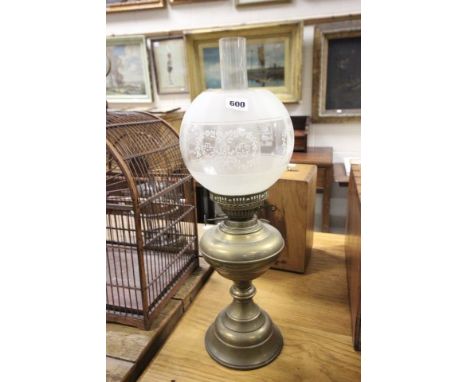 Victorian Brass Oil Lamp with Etched Globe Glass Shade