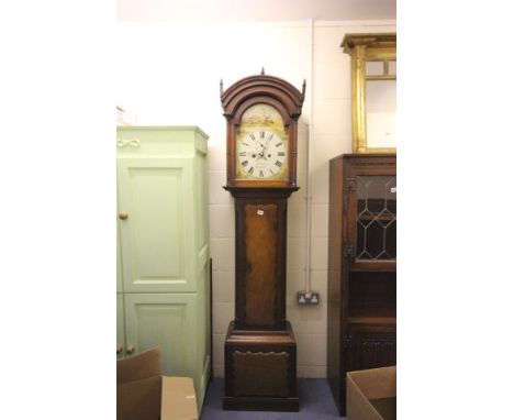 19th century Mahogany Longcase Clock, the arched painted face decorated with game shooting scenes with a date aperture