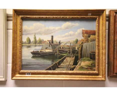 K S Webb, Oil on Canvas of Barges on River Scene