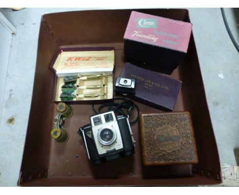 Brownie Twin 20 Camera, Opera Glasses, Two Dart Sets, Travelling Iron, box, etc