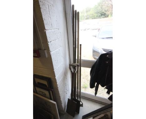 Group of Wooden Handled Garden Tools including Two Spades, Three Hoes and a Pitch Fork