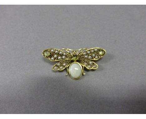 18ct Yellow Gold Brooch in the form of a Moth set with Opal, Peridot, Diamond and Seed Pearl