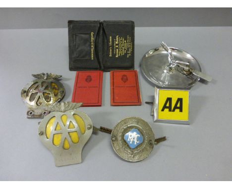 Motoring Items including Three AA Badges, RAC Badge, Morris Key Ring, Two Car Keys, USA Tyre Service Dish, Two Old Driving Li