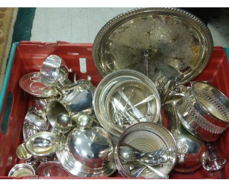 Group of Good Mixed Silver Plate including Pair of Bottle Coasters, Tea and Coffee Service, Muffin Dish, Trays, Cutlery, etc