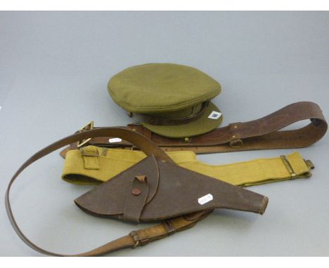 World War II Army Officer's Peak Cap with Royal Corps Signal Badge together with a World War II Leather Belt, Canvas Belt and