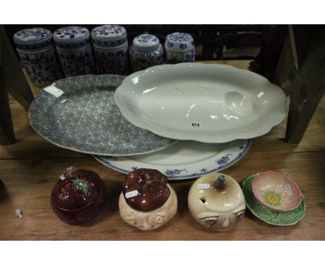 Large White Glazed Turkey Basting Plate, Two Other Large Meat Plates, Carltonware Flower Bowl and Three Sylvac Jars (Beetroot