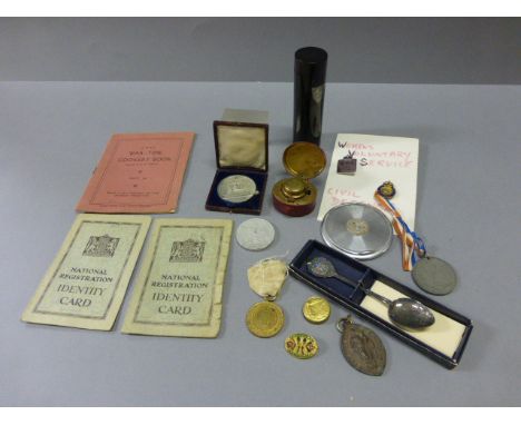 Mixed Lot of Collectables including Ebony Hair Pin Box with Pins, Travelling Inkwell, Compact, Various Commemorative Medals, 