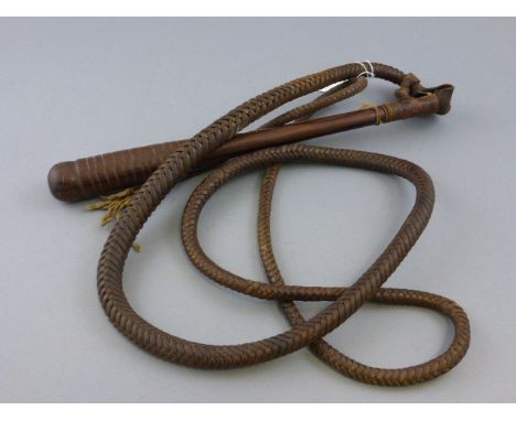 Vintage Bull Whip with Turned Wooden Handle