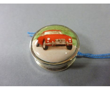 Silver and Enamel Pill Box with Car Motif