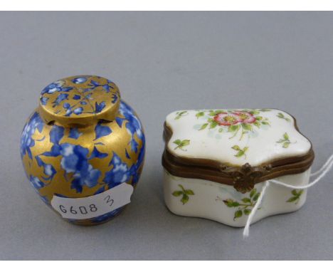 Victorian Enamelled Trinket Box with floral decoration and a Miniature Crown Staffordshire Pot & Lid (a/f)