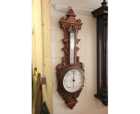 Early 20th century Oak Carved Cased Aneroid Barometer and Thermometer