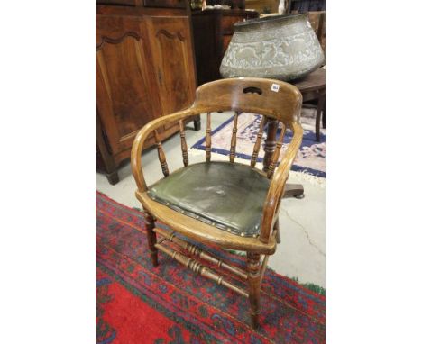 Late Victorian Oak Office Armchair with Leather Seat