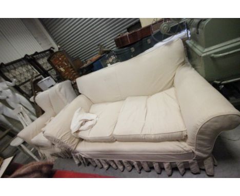 Victorian Two Seater Sofa together with a Wingback Armchair, both on bun feet