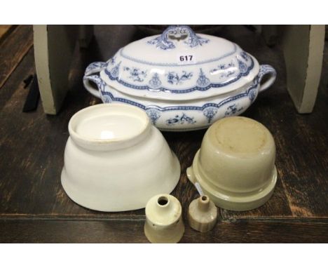 Victorian Blue and White Booths Tureen and Ladle together with Two Ceramic jelly Moulds and Two Pie Funnels