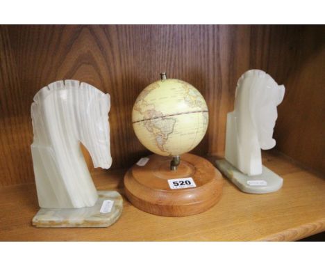 Pair of Onyx Horse Head Bookends together with a Wooden Based Globe