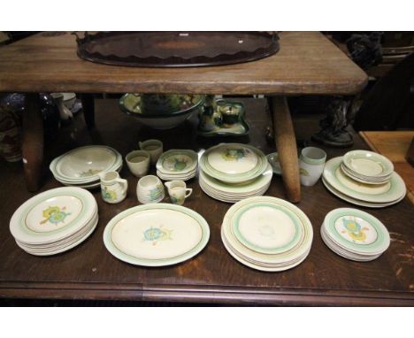 Clarice Cliff 'Honeydew' Dinner Service including 9 Side Plates, 4 Serving Dishes (one lid), 11 Medium Plates, Sugar Bowl, 2 